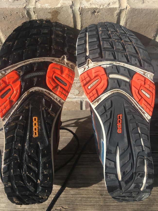 Same outsole. Notice rockplate exposed in both forefoot and heel (two piece TPU plate) of Hydroventure on the left.